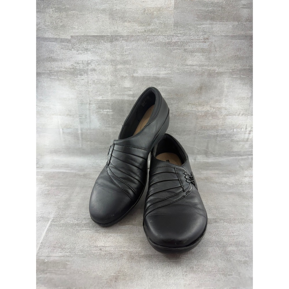 Clarks Collection Black Leather Pleated Slip On Cushion Soft Loafers Women Sz 8M